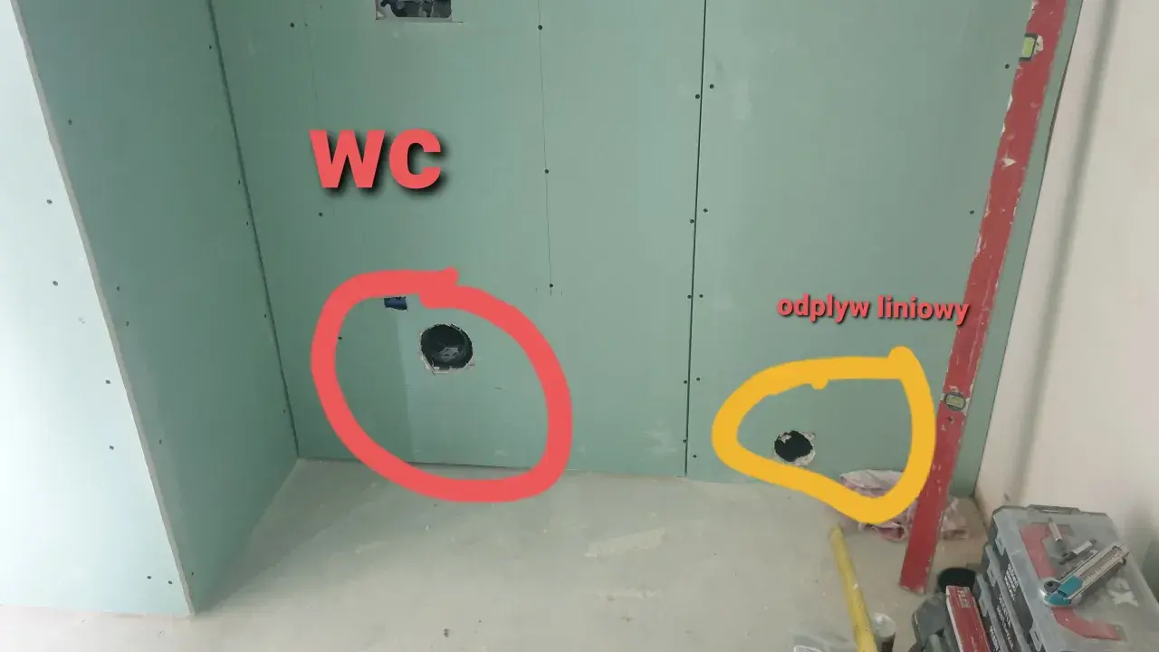 Oznaczone otwory w ścianie z płyt gipsowo-kartonowych: czerwone dla WC, żółte dla odpływu liniowego.