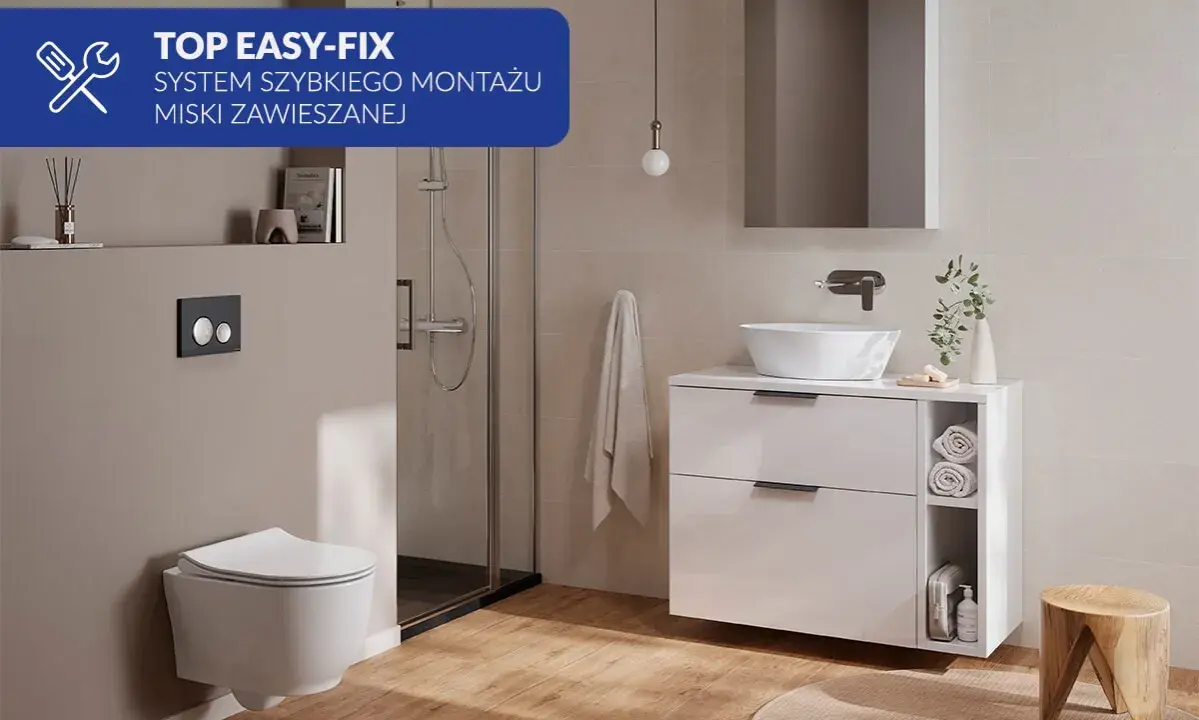 Nowoczesna łazienka z podwieszaną miską WC. System szybkiego montażu miski WC z ukrytym mocowaniem zapewnia estetykę i łatwość instalacji.