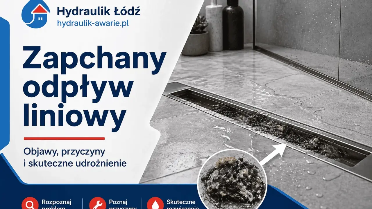 Zapchany odpływ liniowy w łazience, pełen włosów i zanieczyszczeń. Hydraulik Łódź oferuje skuteczne udrożnienie.