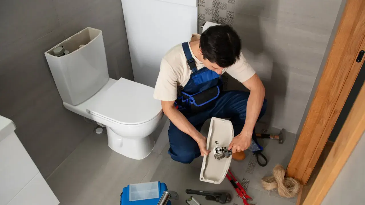 Hydraulik naprawia rozwalony kibel. Widać narzędzia i części.