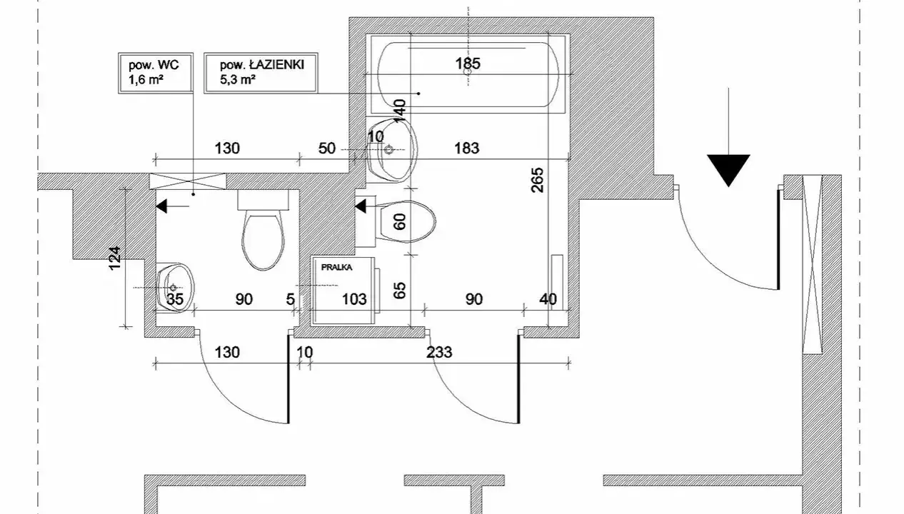 Rzut łazienki i WC z wymiarami. Minimalne wymiary kabiny WC to 1,6 m², łazienki 5,3 m². Widoczna wanna, umywalka, toaleta, pralka.