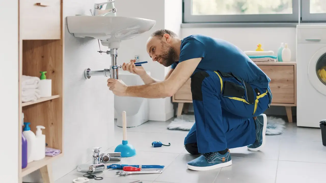 Hydraulik wykonuje demontaż baterii umywalkowej, używając klucza do odkręcenia syfonu.