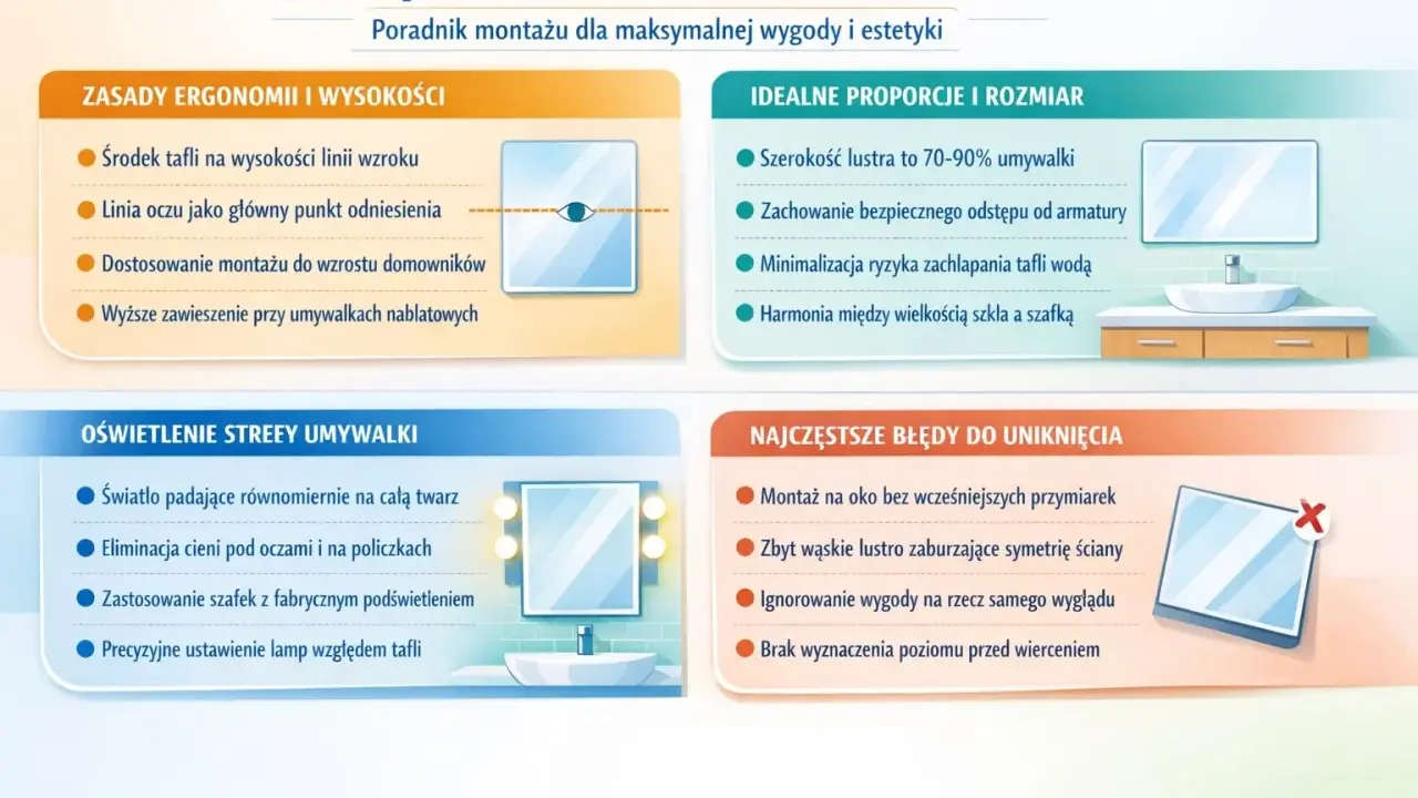 Zasady ergonomii montażu lustra w łazience: środek tafli na wysokości linii wzroku, dopasowanie do wzrostu domowników. Wyższe zawieszenie przy umywalkach nablatowych.