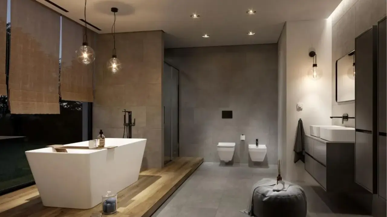 Nowoczesna łazienka w stylu spa z wolnostojącą wanną, dwoma umywalkami i prysznicem. Stonowana kolorystyka i drewniane akcenty tworzą relaksującą atmosferę.