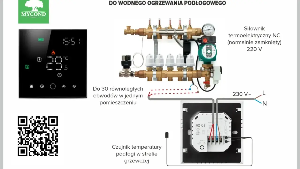Schemat podłączenia termostatu Mycond. Czujnik temperatury podłogi montowany w strefie grzewczej.