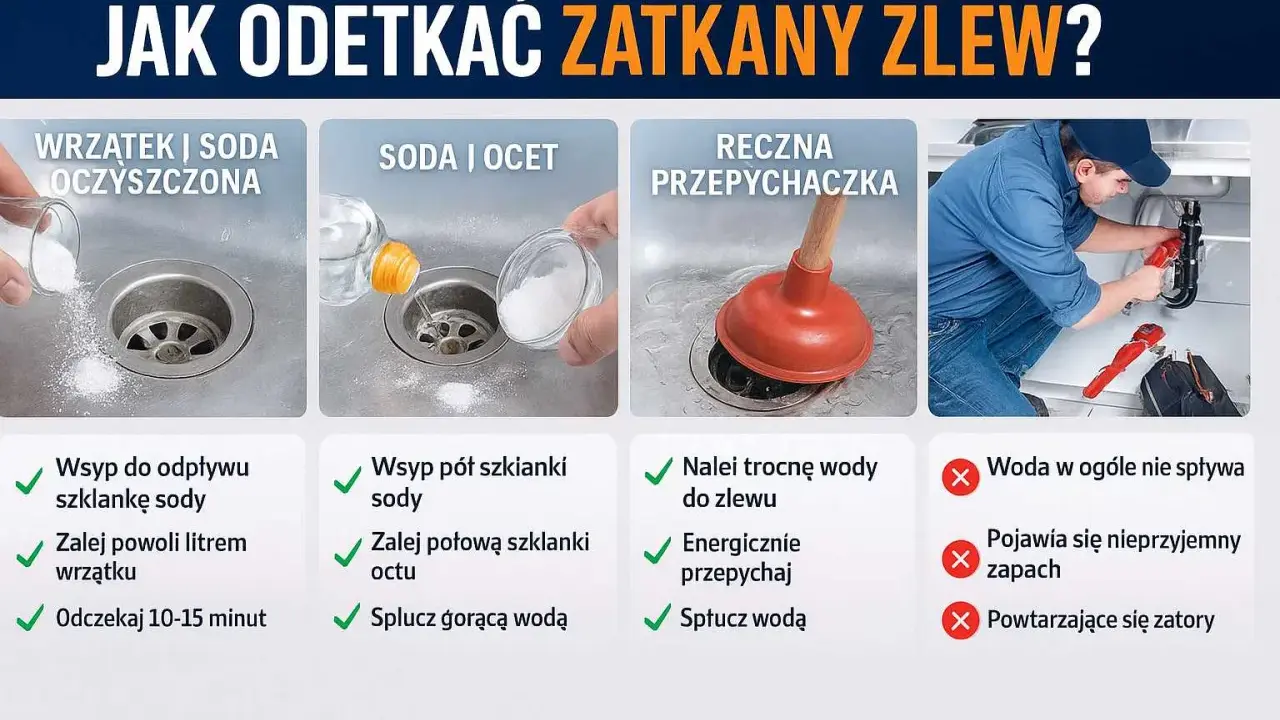 Instrukcja jak odetkać zatkany zlew: soda z wrzątkiem, soda z octem, przepychaczka. Woda stoi, bo zlew jest zapchany.
