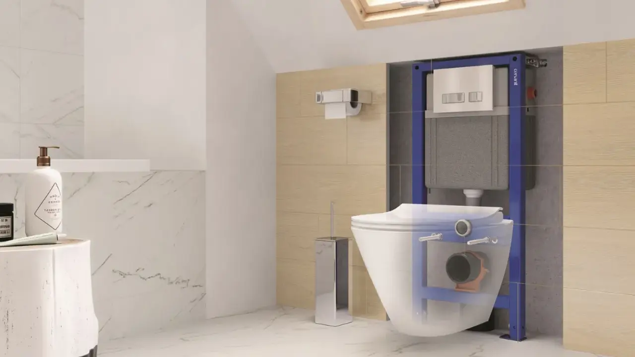Wizualizacja instalacji WC podwieszanego pokazuje, ile miejsca zajmuje stelaż i miska, tworząc nowoczesną łazienkę.