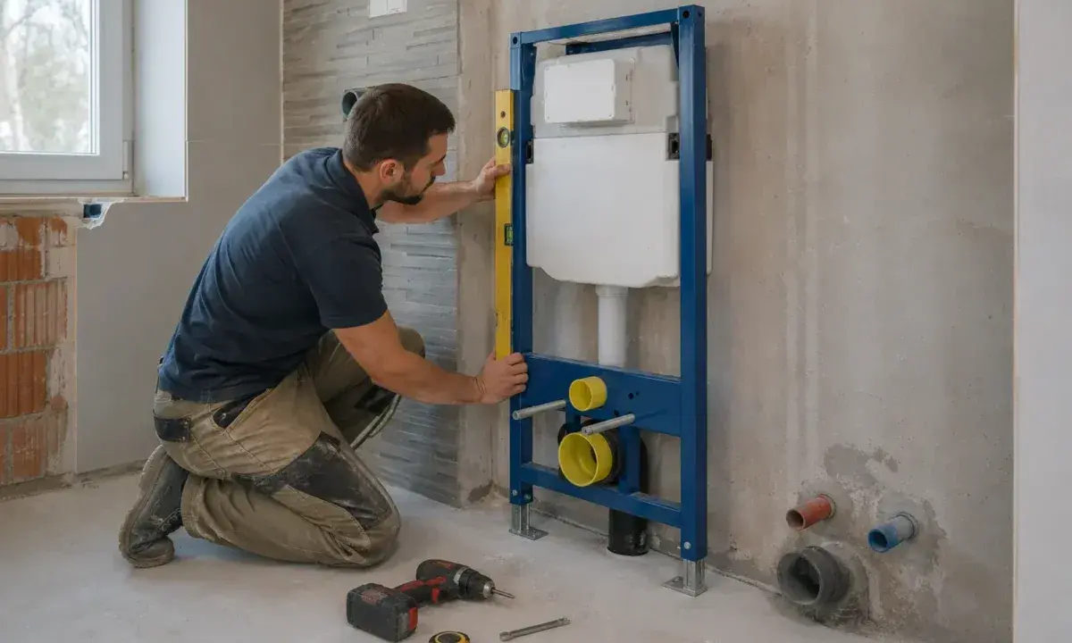 Instalator sprawdza montaż geberitu wysokość za pomocą poziomicy. Obok leżą narzędzia.