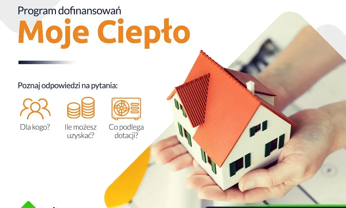 Program "Moje Ciepło" - poznaj warunki dotacji. Ikony symbolizują: dla kogo, ile można uzyskać, co podlega dofinansowaniu. Model domu w dłoniach.