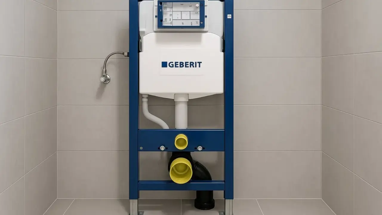 Stelaż Geberit z podtynkowym zbiornikiem i przyłączami hydraulicznymi, gotowy do montażu, zapewniający ciche spłukiwanie wody w toalecie.