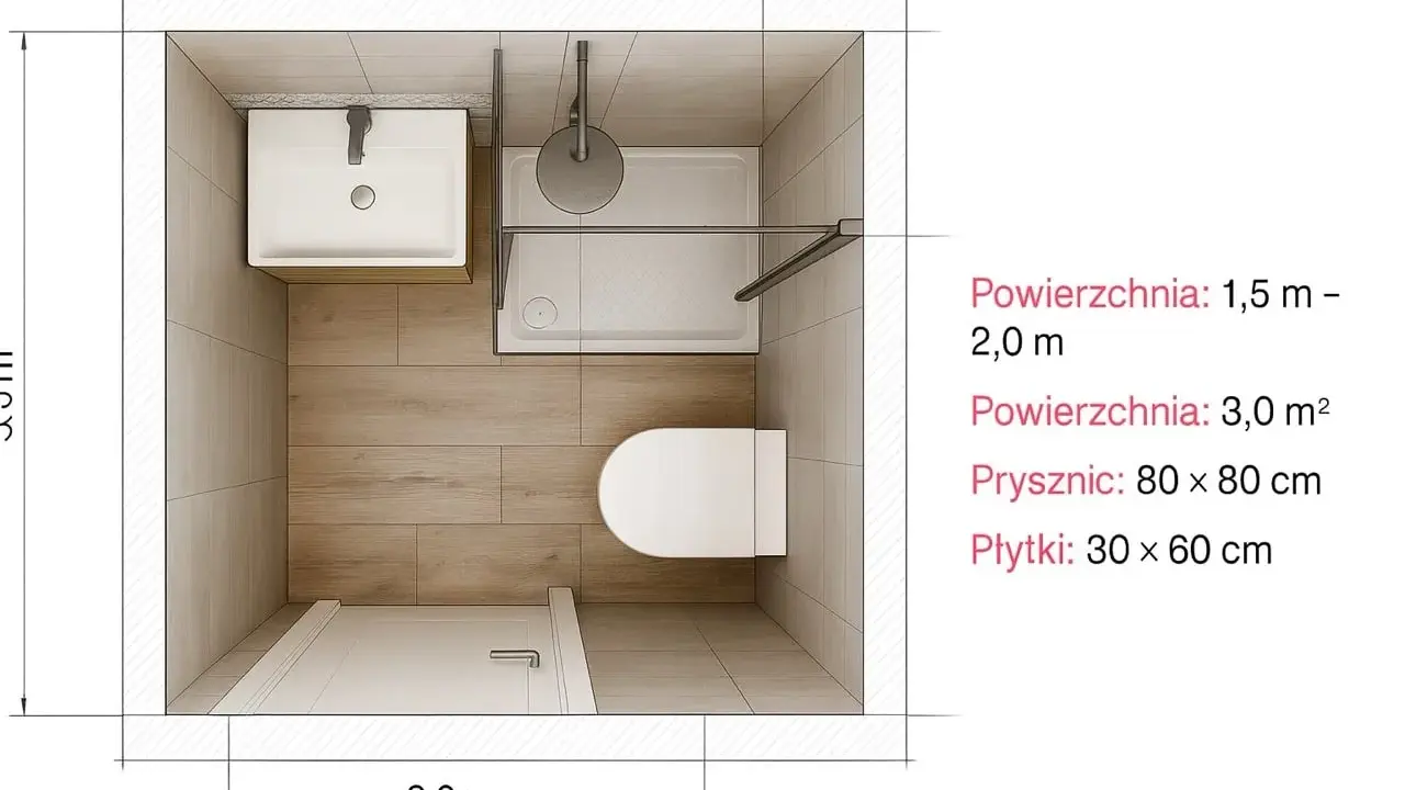 Projekt małej łazienki wymiary: 2,0 m x 3,0 m. Widok z góry na umywalkę, toaletę i prysznic 80x80 cm.