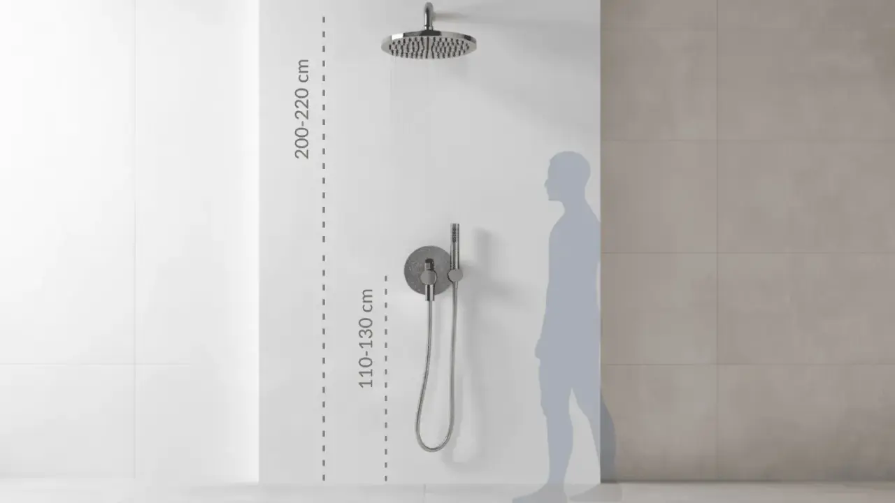 Prawidłowy montaż słuchawki prysznicowej: deszczownica na 200-220 cm, panel sterowania na 110-130 cm.