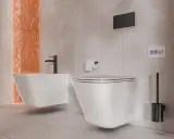 Nowoczesna zabudowa w łazience: wisząca miska WC i bidet z czarną armaturą, obok uchwyt na papier i szczotka.