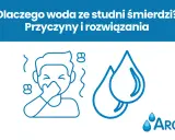 Ilustracja przedstawia osobę zatykającą nos z powodu nieprzyjemnego zapachu, sugerując, że woda śmierdzi szambem. Obok krople wody i logo firmy.