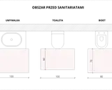 Schemat łazienki: umywalka (100 cm), toaleta (100 cm), bidet (80 cm). Wymiary przestrzeni przed sanitariatami: 70 cm, 60 cm, 70 cm.