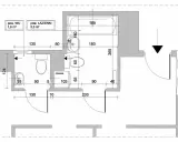 Rzut łazienki i WC z wymiarami. Minimalne wymiary kabiny WC to 1,6 m², łazienki 5,3 m². Widoczna wanna, umywalka, toaleta, pralka.