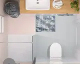 Nowoczesne małe łazienki aranżacje: prysznic, WC, umywalka i stylowy dywanik.