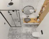 Nowoczesna łazienka 4m2 inspiracje: czarna armatura, geometryczne płytki, drewniany blat i szara umywalka tworzą stylowe wnętrze.