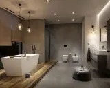 Nowoczesna łazienka w stylu spa z wolnostojącą wanną, dwoma umywalkami i prysznicem. Stonowana kolorystyka i drewniane akcenty tworzą relaksującą atmosferę.