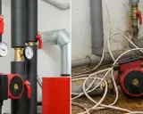 Prawidłowy montaż pompy CO: czysta instalacja, manometry i zawory po lewej; stara, brudna instalacja z wyciekiem po prawej.