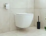 Nowoczesna łazienka z wiszącą muszlą klozetową. Obok stojąca szczotka i kaktus w wiklinowym koszu.