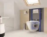 Wizualizacja instalacji WC podwieszanego pokazuje, ile miejsca zajmuje stelaż i miska, tworząc nowoczesną łazienkę.