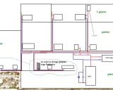 Schemat instalacji CO w budynku z dobudówką. Widoczne piętra, parter, piwnica, teren, piec i przyłącza.