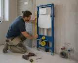 Instalator sprawdza montaż geberitu wysokość za pomocą poziomicy. Obok leżą narzędzia.