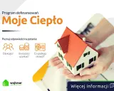 Program "Moje Ciepło" - poznaj warunki dotacji. Ikony symbolizują: dla kogo, ile można uzyskać, co podlega dofinansowaniu. Model domu w dłoniach.