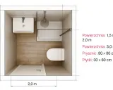 Projekt małej łazienki wymiary: 2,0 m x 3,0 m. Widok z góry na umywalkę, toaletę i prysznic 80x80 cm.