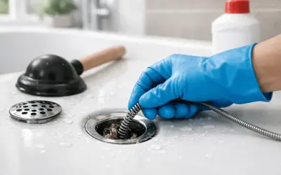 Rękawiczka w niebieskiej rękawicy używa sprężyny do udrażniania rur. Domowy sposób na udrażnianie rur.