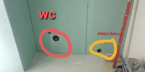 Oznaczone otwory w ścianie z płyt gipsowo-kartonowych: czerwone dla WC, żółte dla odpływu liniowego.