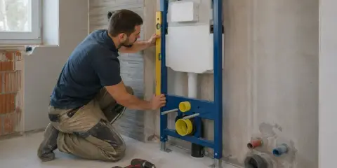 Instalator sprawdza montaż geberitu wysokość za pomocą poziomicy. Obok leżą narzędzia.