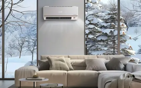 Klimatyzator grzeje, ale zimny powiew z okna przypomina o wadach ogrzewania klimatyzatorem. Wnętrze z sofą i widokiem na zimowy krajobraz.