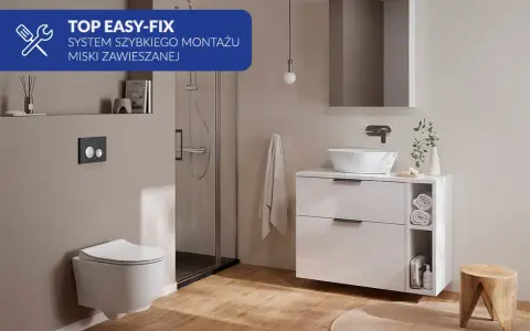 Nowoczesna łazienka z podwieszaną miską WC. System szybkiego montażu miski WC z ukrytym mocowaniem zapewnia estetykę i łatwość instalacji.