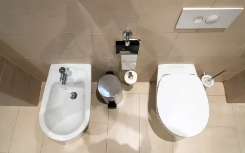 Łazienka z bidetem i WC. Odległość między wc a bidetem jest optymalna dla komfortowego użytkowania.