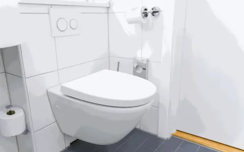 Nowoczesna, wisząca miska WC wydaje się być zamontowana za nisko, co może utrudniać korzystanie. Obok rolka papieru toaletowego.