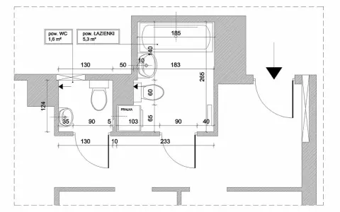 Rzut łazienki i WC z wymiarami. Minimalne wymiary kabiny WC to 1,6 m², łazienki 5,3 m². Widoczna wanna, umywalka, toaleta, pralka.