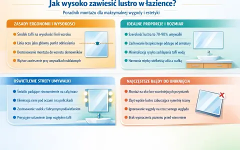 Zasady ergonomii montażu lustra w łazience: środek tafli na wysokości linii wzroku, dopasowanie do wzrostu domowników. Wyższe zawieszenie przy umywalkach nablatowych.