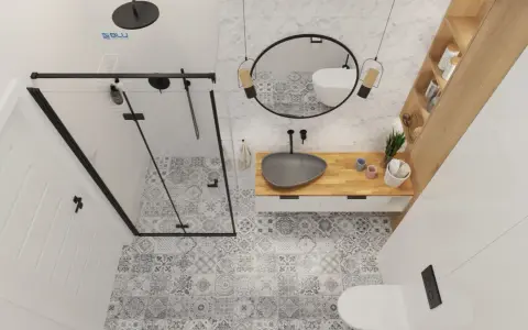 Nowoczesna łazienka 4m2 inspiracje: czarna armatura, geometryczne płytki, drewniany blat i szara umywalka tworzą stylowe wnętrze.