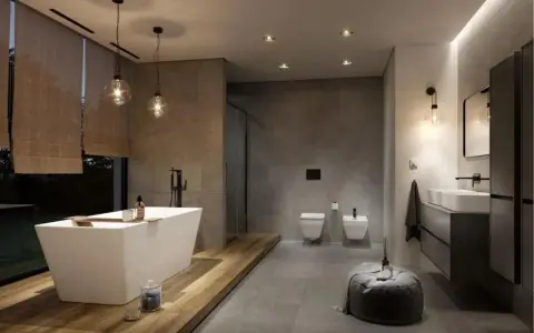Nowoczesna łazienka w stylu spa z wolnostojącą wanną, dwoma umywalkami i prysznicem. Stonowana kolorystyka i drewniane akcenty tworzą relaksującą atmosferę.