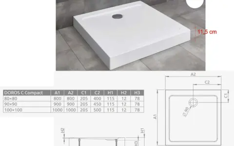 Brodzik prysznicowy z płaskim rantem i centralnie umieszczonym otworem na syfon w brodziku. Wymiary 11,5 cm wysokości.