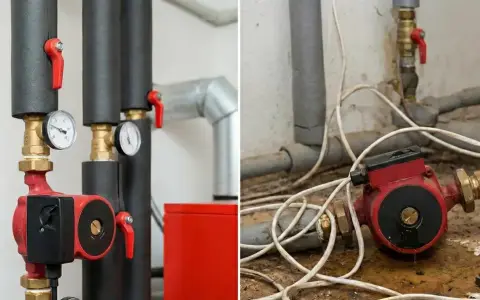 Prawidłowy montaż pompy CO: czysta instalacja, manometry i zawory po lewej; stara, brudna instalacja z wyciekiem po prawej.
