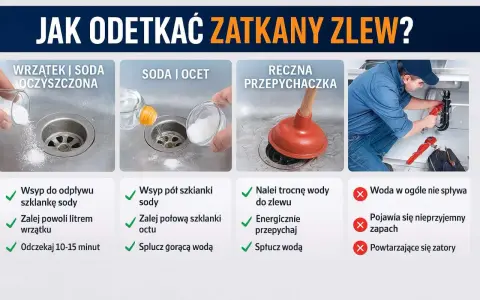 Instrukcja jak odetkać zatkany zlew: soda z wrzątkiem, soda z octem, przepychaczka. Woda stoi, bo zlew jest zapchany.