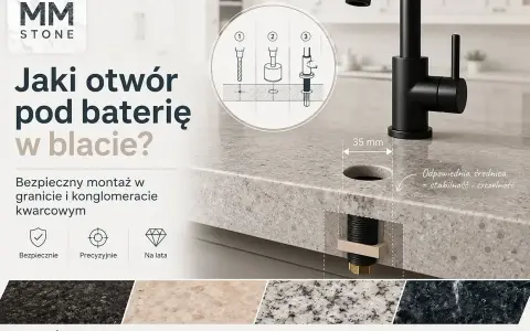 Jaki otwór pod baterię w blacie? Poradnik MM Stone pokazuje prawidłowe wykonanie otworu 35 mm dla stabilności i szczelności.