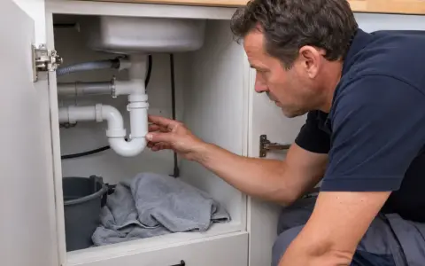 Instalator sprawdza syfon pod zlewem, szukając przyczyny, dlaczego śmierdzi w nowej łazience. Pod zlewem stoi wiaderko i ręcznik.