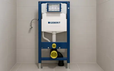 Stelaż Geberit z podtynkowym zbiornikiem i przyłączami hydraulicznymi, gotowy do montażu, zapewniający ciche spłukiwanie wody w toalecie.