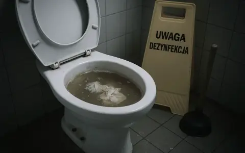 Zatkany kibel z papierem i wodą. Obok stojak "Uwaga dezynfekcja" i przepychacz, który pomoże jak odetkać kibel.