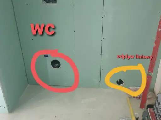 Oznaczone otwory w ścianie z płyt gipsowo-kartonowych: czerwone dla WC, żółte dla odpływu liniowego.