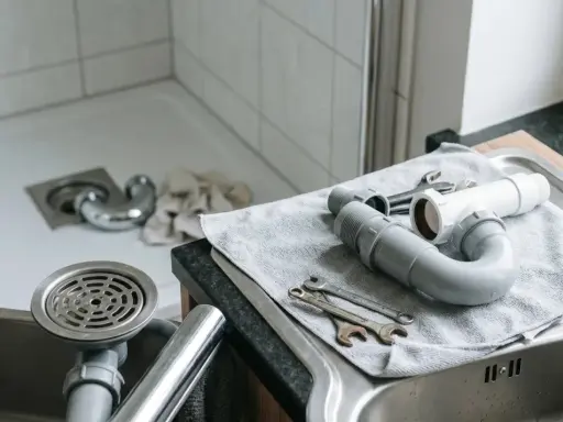 Nowe elementy syfonu i klucze czekają na montaż, by raz na zawsze wyeliminować smród z kanalizacji.